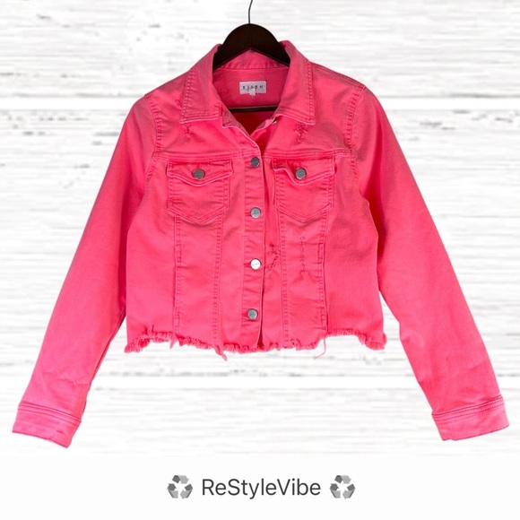 RISEN Women’s Size M Denim Jean Jacket Coat Trucker Style Stretch Pink Distress - Picture 1 of 16